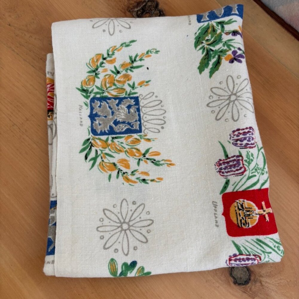 Vintage Swedish printed tablecloth featuring provincial coats of arms and floral